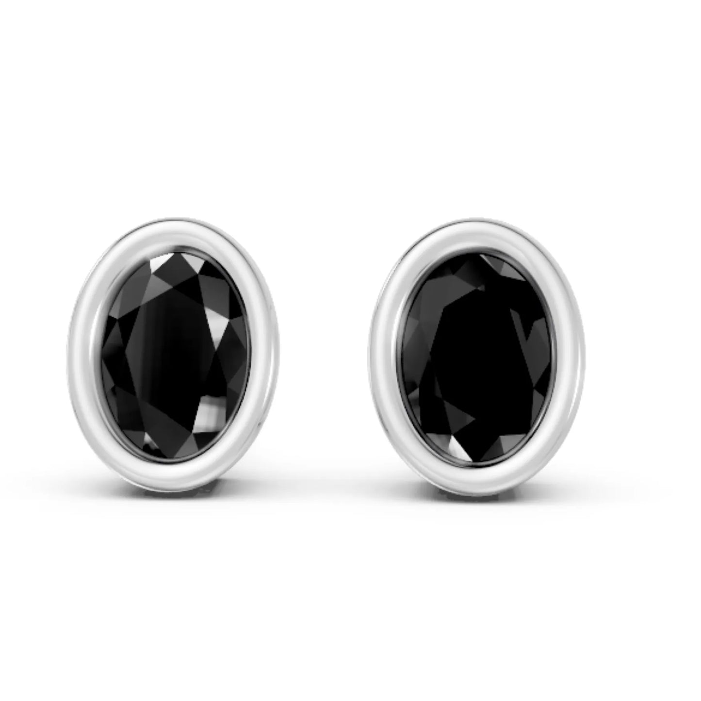 14K Gold Oval Cut Black Diamond Bezel Stud Earring
