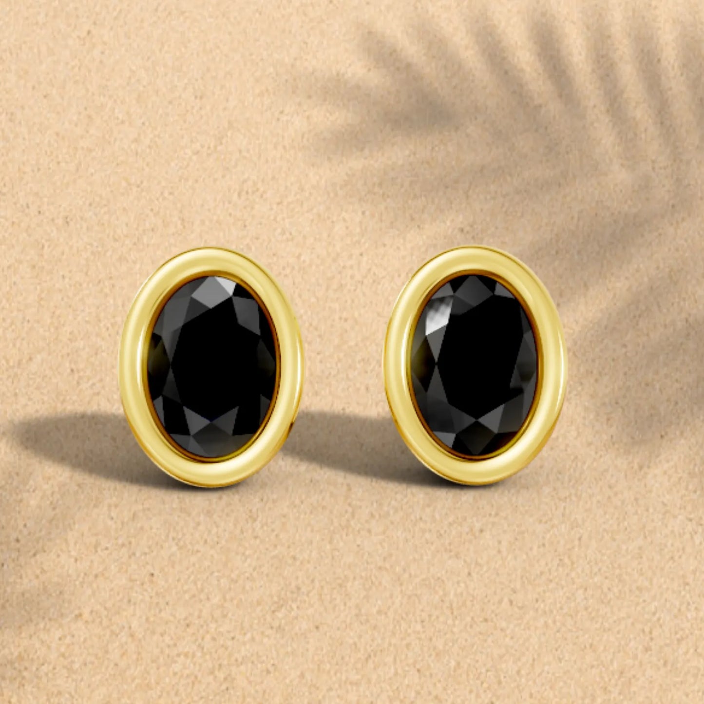14K Gold Oval Cut Black Diamond Bezel Stud Earring