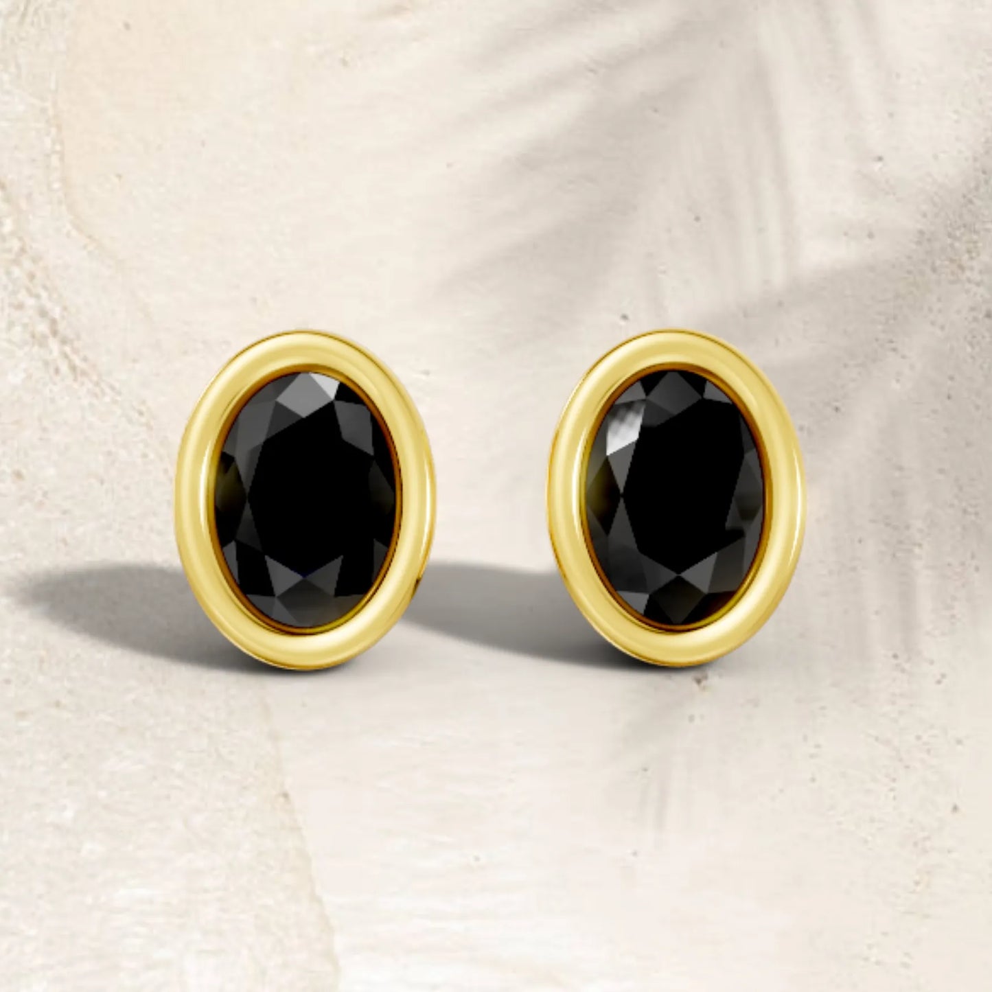 14K Gold Oval Cut Black Diamond Bezel Stud Earring