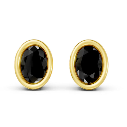 14K Gold Oval Cut Black Diamond Bezel Stud Earring