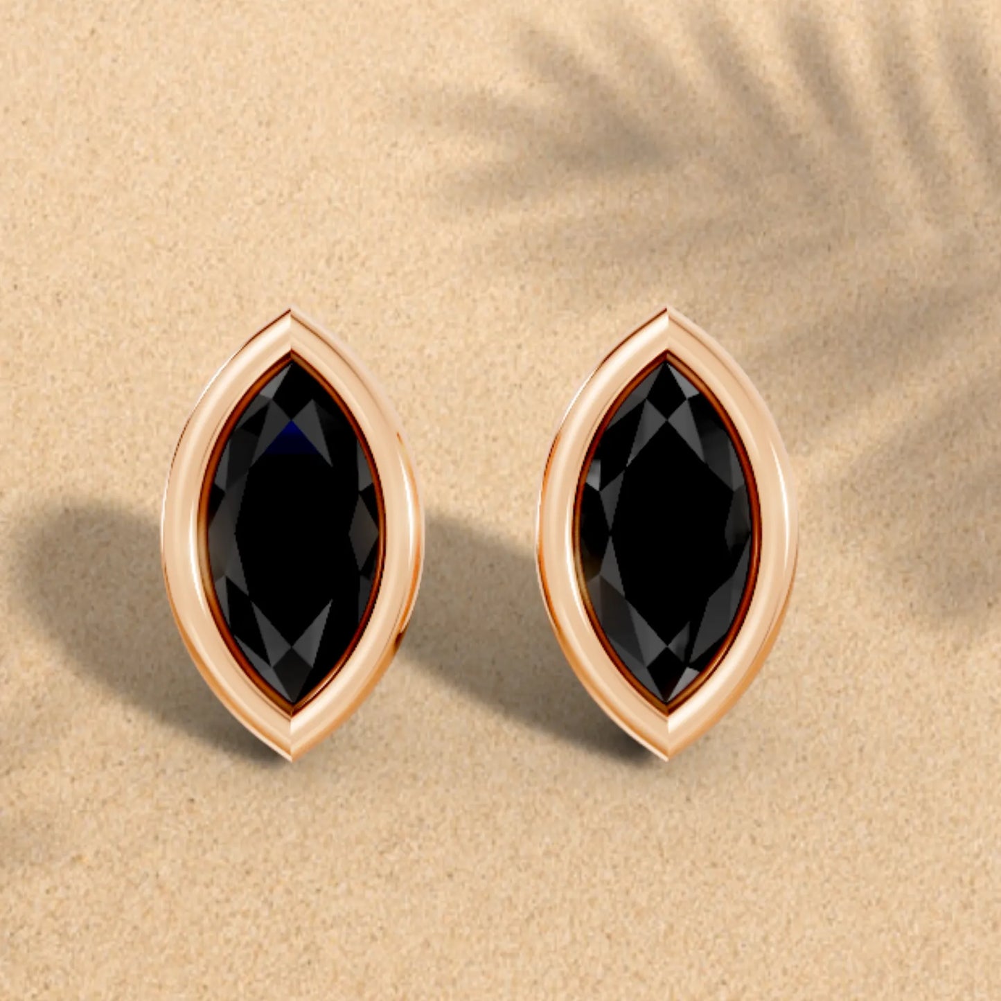 14K Gold Marquise Cut Black Diamond Bezel Stud Earring
