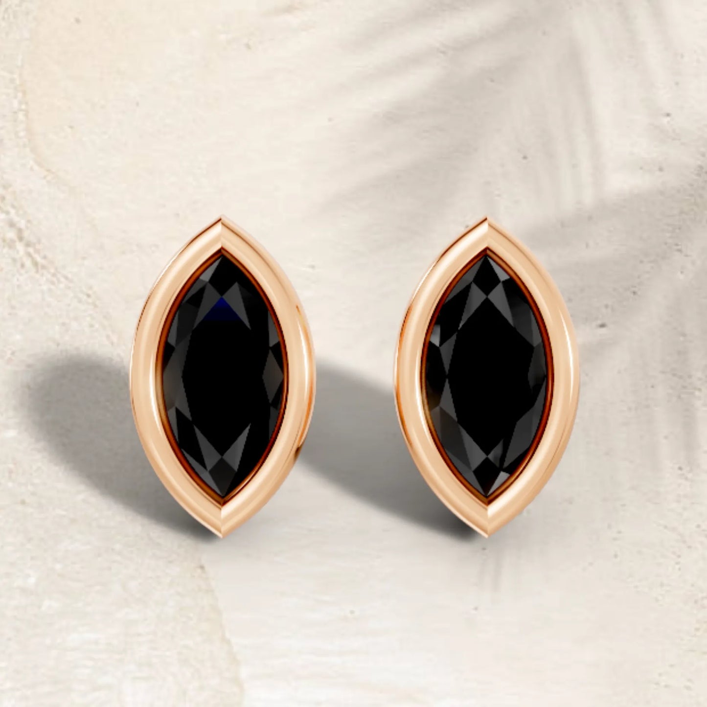 14K Gold Marquise Cut Black Diamond Bezel Stud Earring