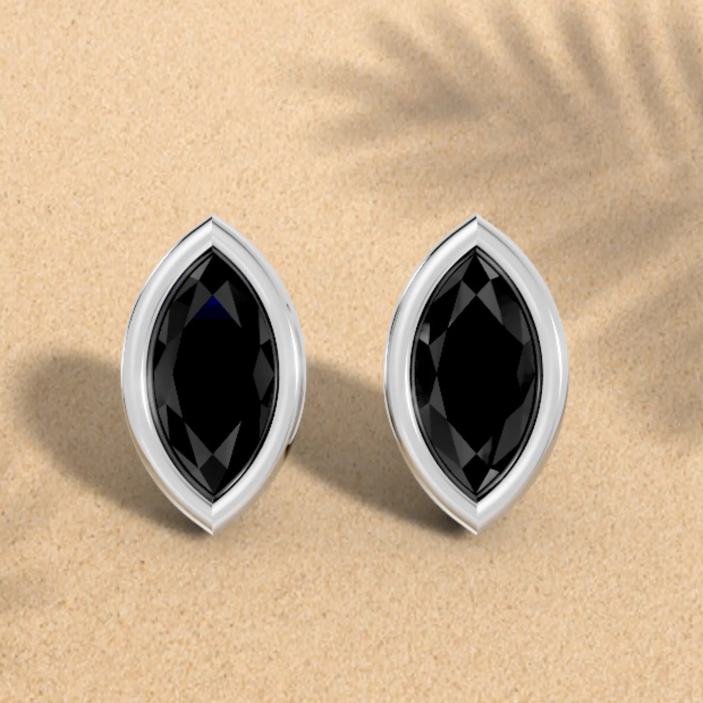 14K Gold Marquise Cut Black Diamond Bezel Stud Earring