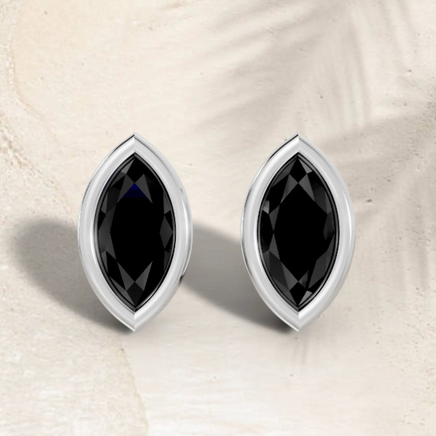 14K Gold Marquise Cut Black Diamond Bezel Stud Earring
