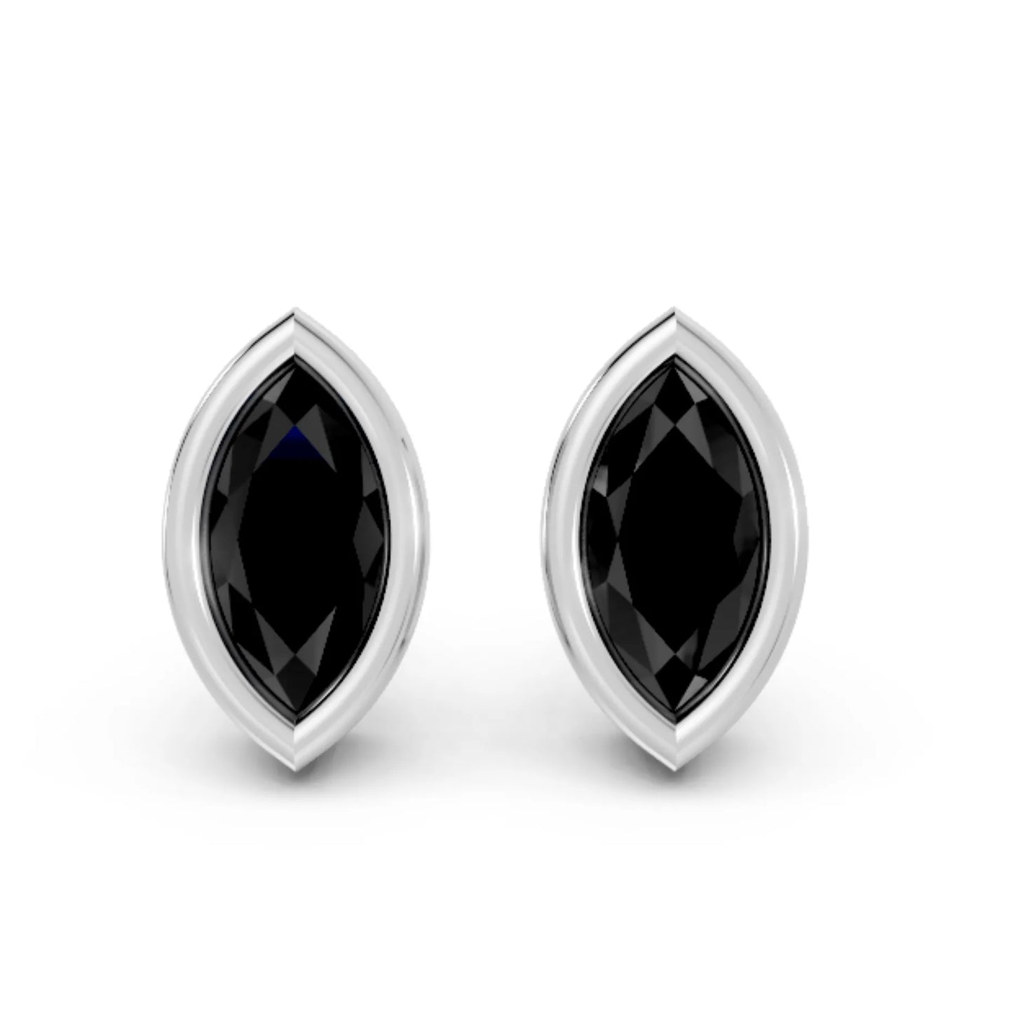14K Gold Marquise Cut Black Diamond Bezel Stud Earring