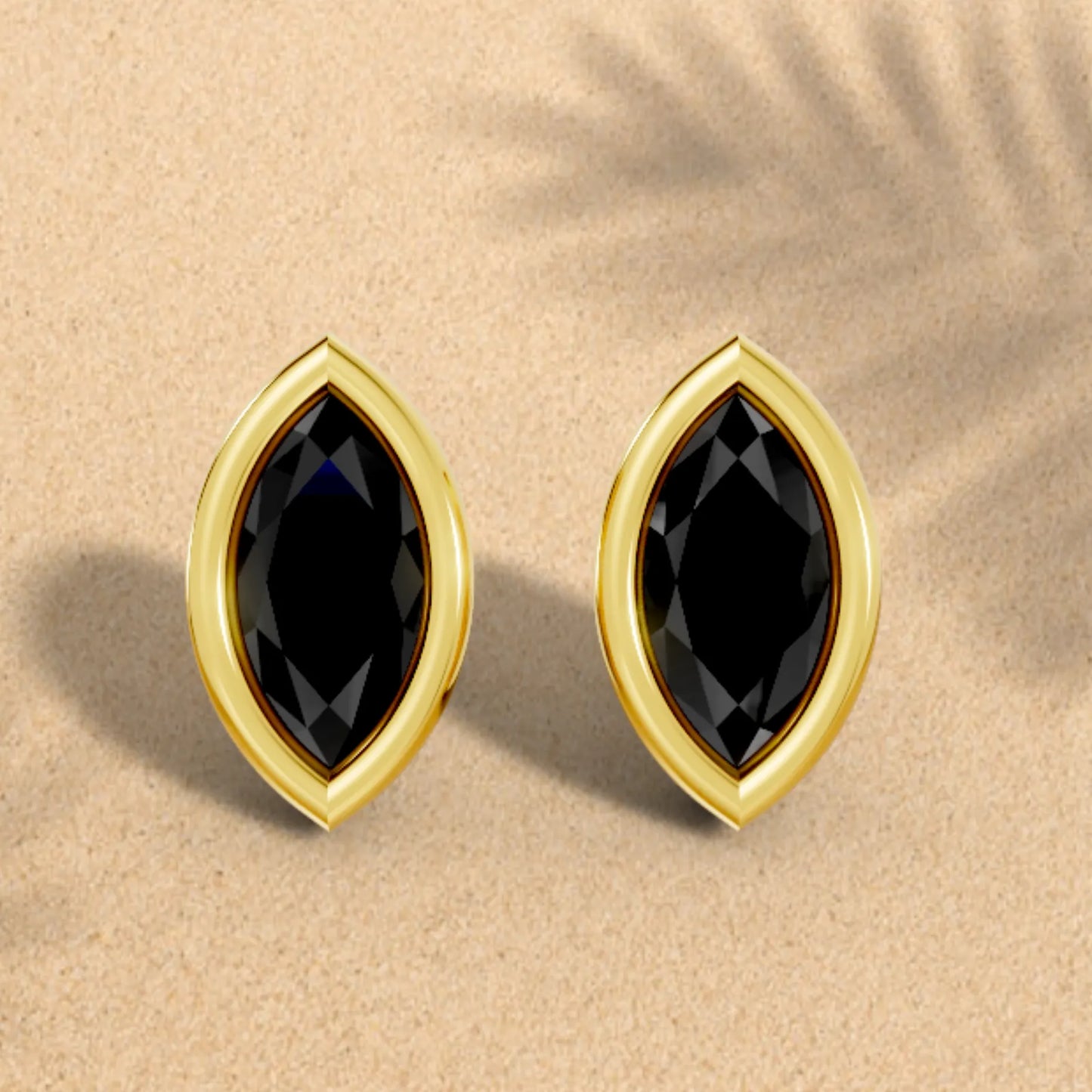 14K Gold Marquise Cut Black Diamond Bezel Stud Earring
