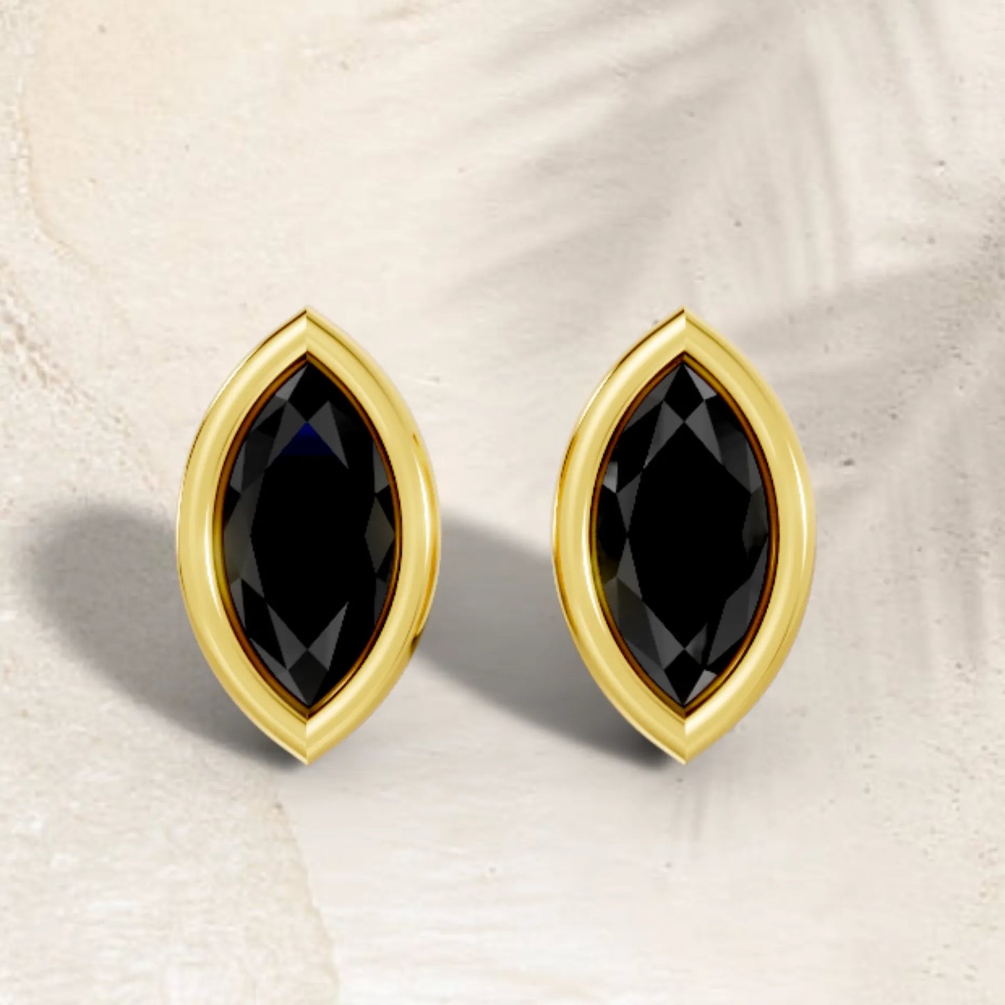 14K Gold Marquise Cut Black Diamond Bezel Stud Earring