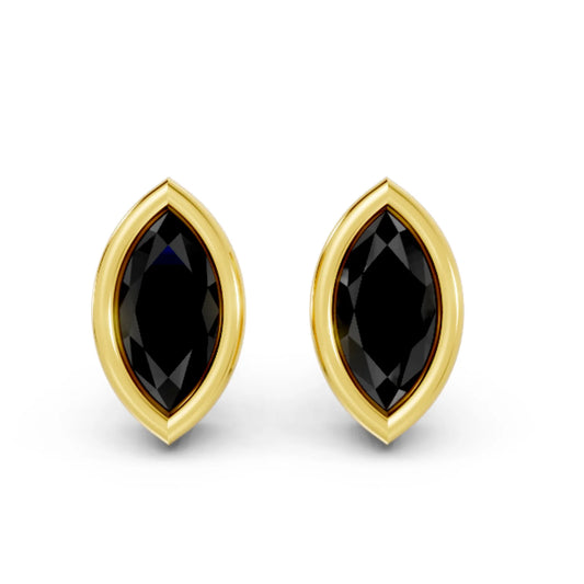 14K Gold Marquise Cut Black Diamond Bezel Stud Earring