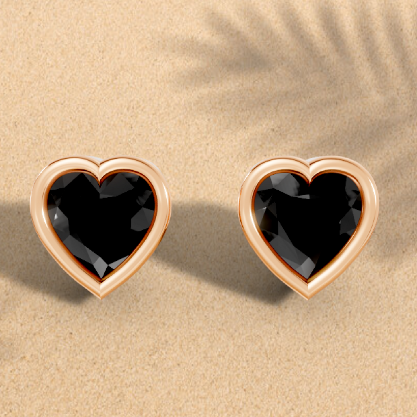 14K Gold Heart Cut Black Diamond Bezel Stud Earring