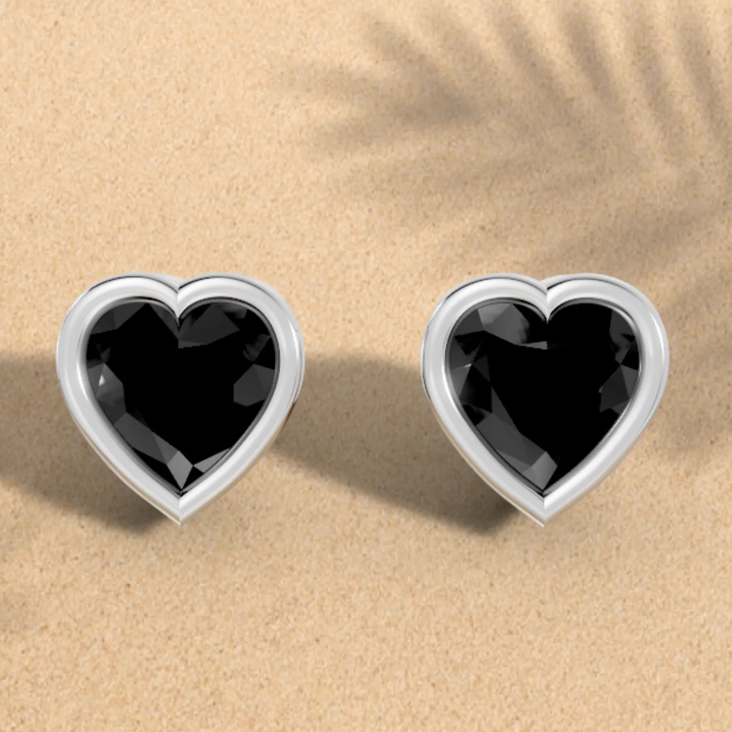 14K Gold Heart Cut Black Diamond Bezel Stud Earring