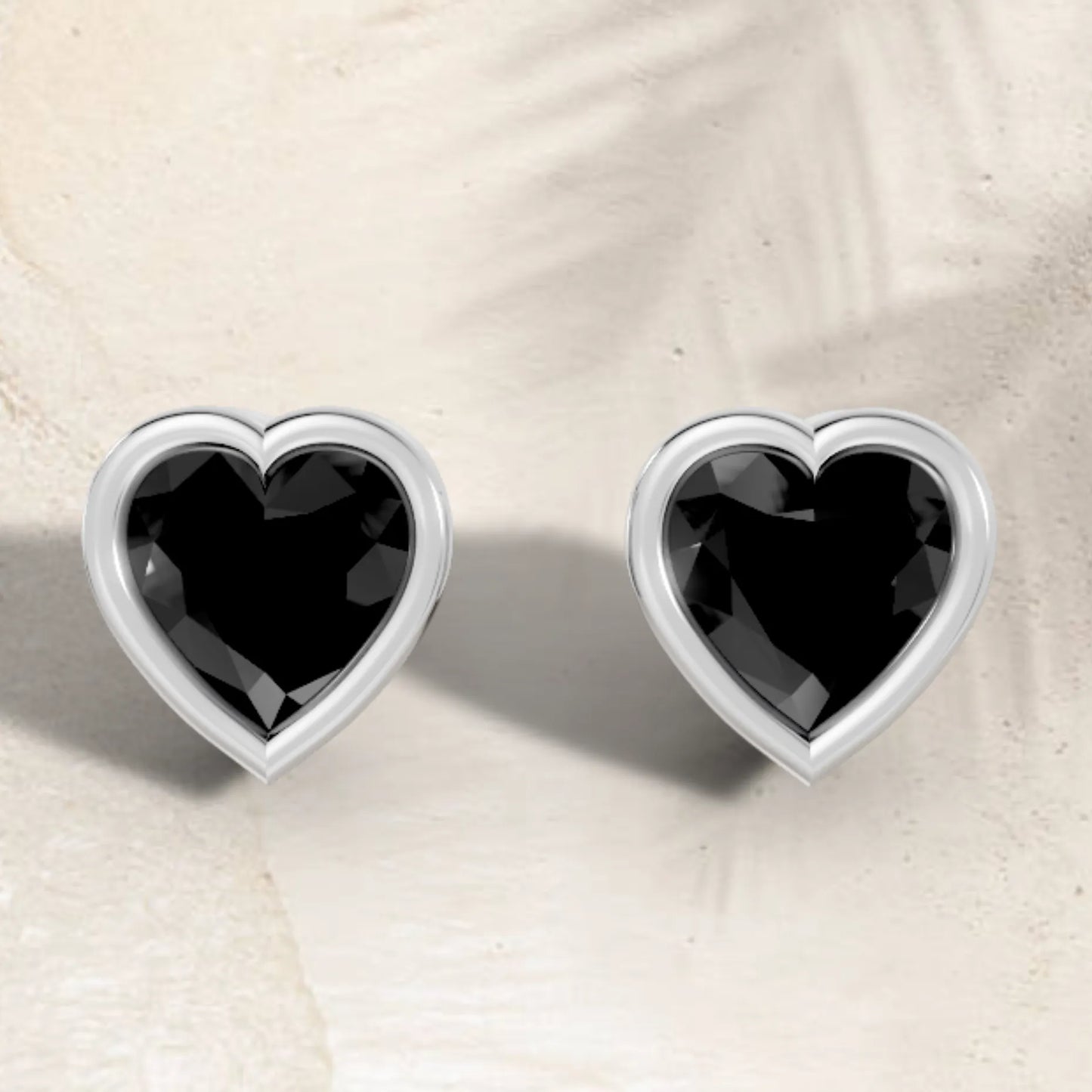 14K Gold Heart Cut Black Diamond Bezel Stud Earring