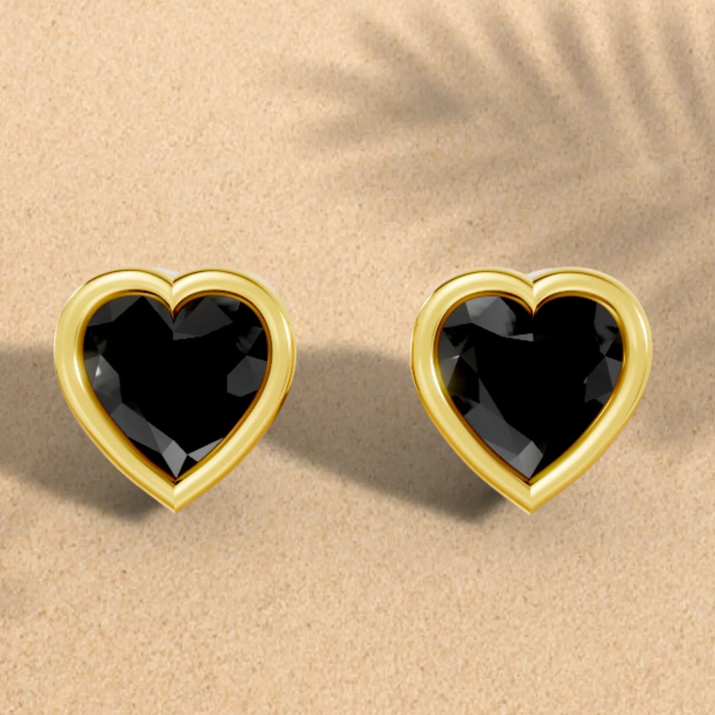 14K Gold Heart Cut Black Diamond Bezel Stud Earring