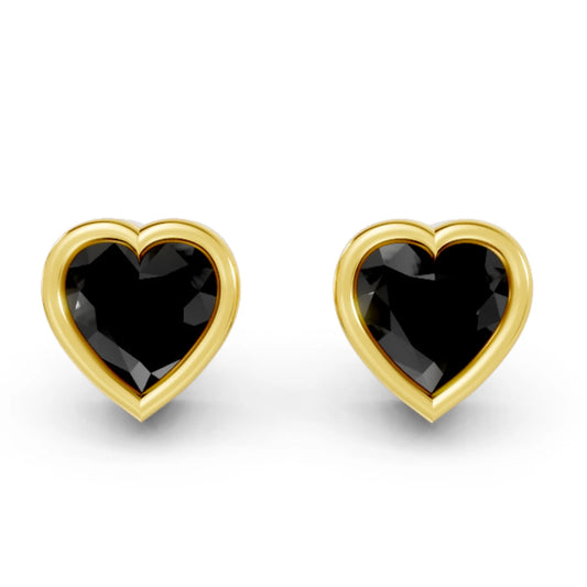 14K Gold Heart Cut Black Diamond Bezel Stud Earring