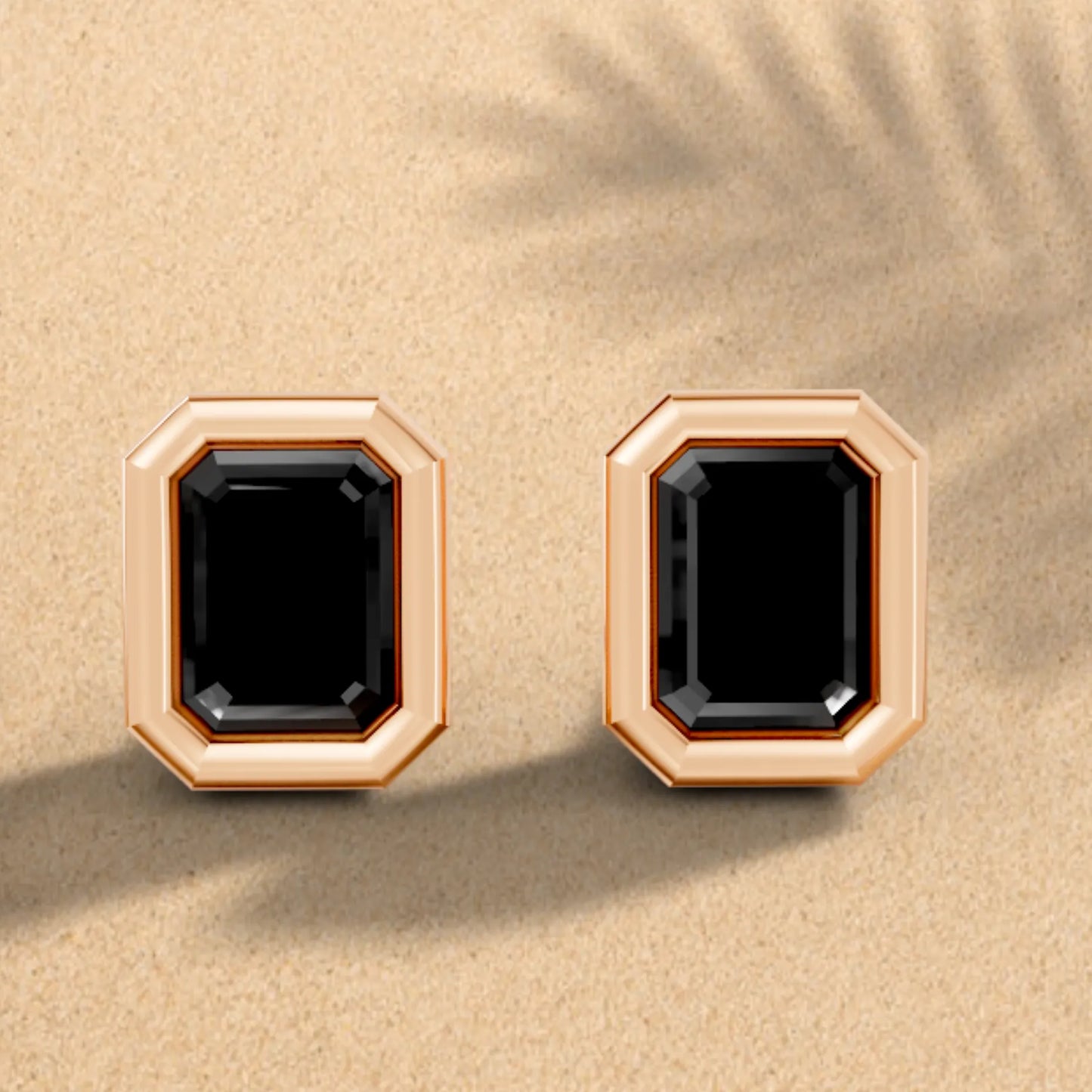 14K Gold Emerald Cut Black Diamond Bezel Stud Earring