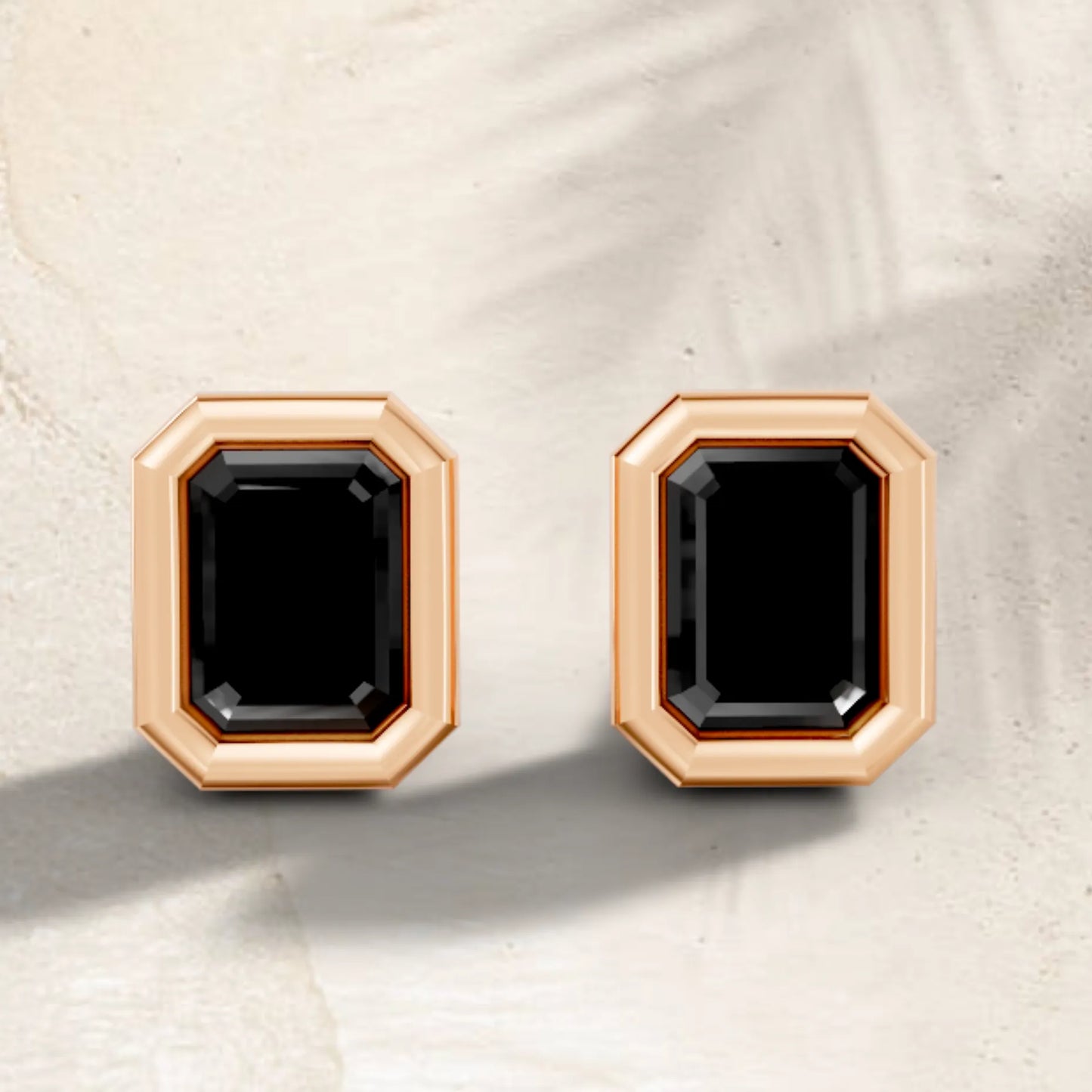 14K Gold Emerald Cut Black Diamond Bezel Stud Earring