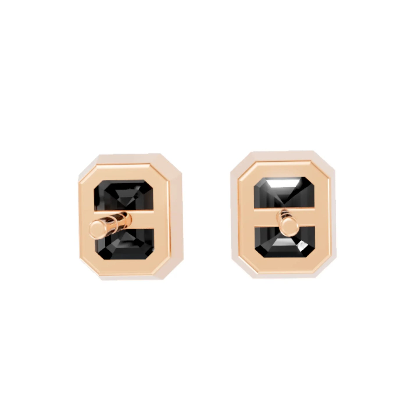 14K Gold Emerald Cut Black Diamond Bezel Stud Earring