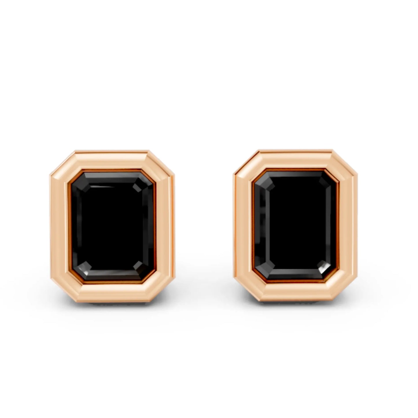 14K Gold Emerald Cut Black Diamond Bezel Stud Earring