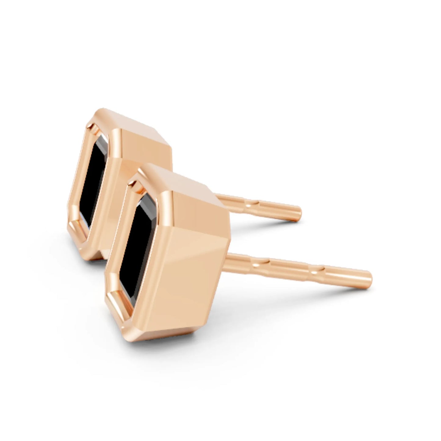 14K Gold Emerald Cut Black Diamond Bezel Stud Earring