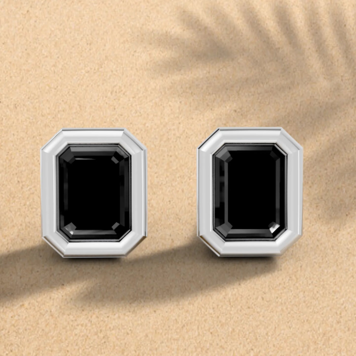 14K Gold Emerald Cut Black Diamond Bezel Stud Earring