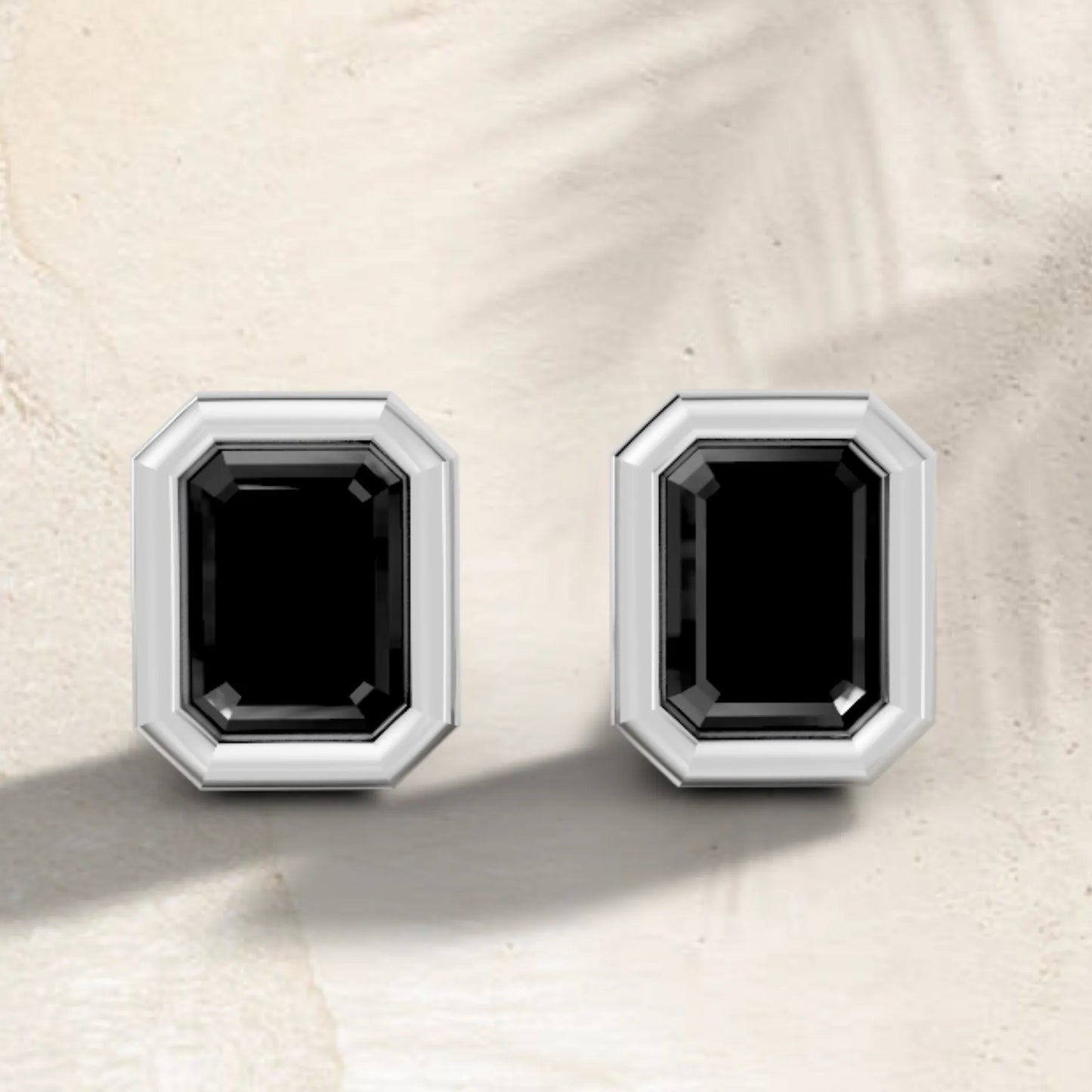 14K Gold Emerald Cut Black Diamond Bezel Stud Earring