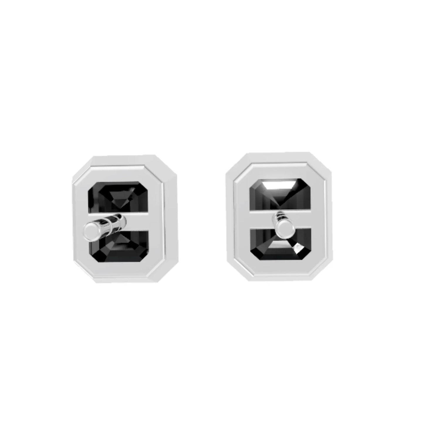 14K Gold Emerald Cut Black Diamond Bezel Stud Earring