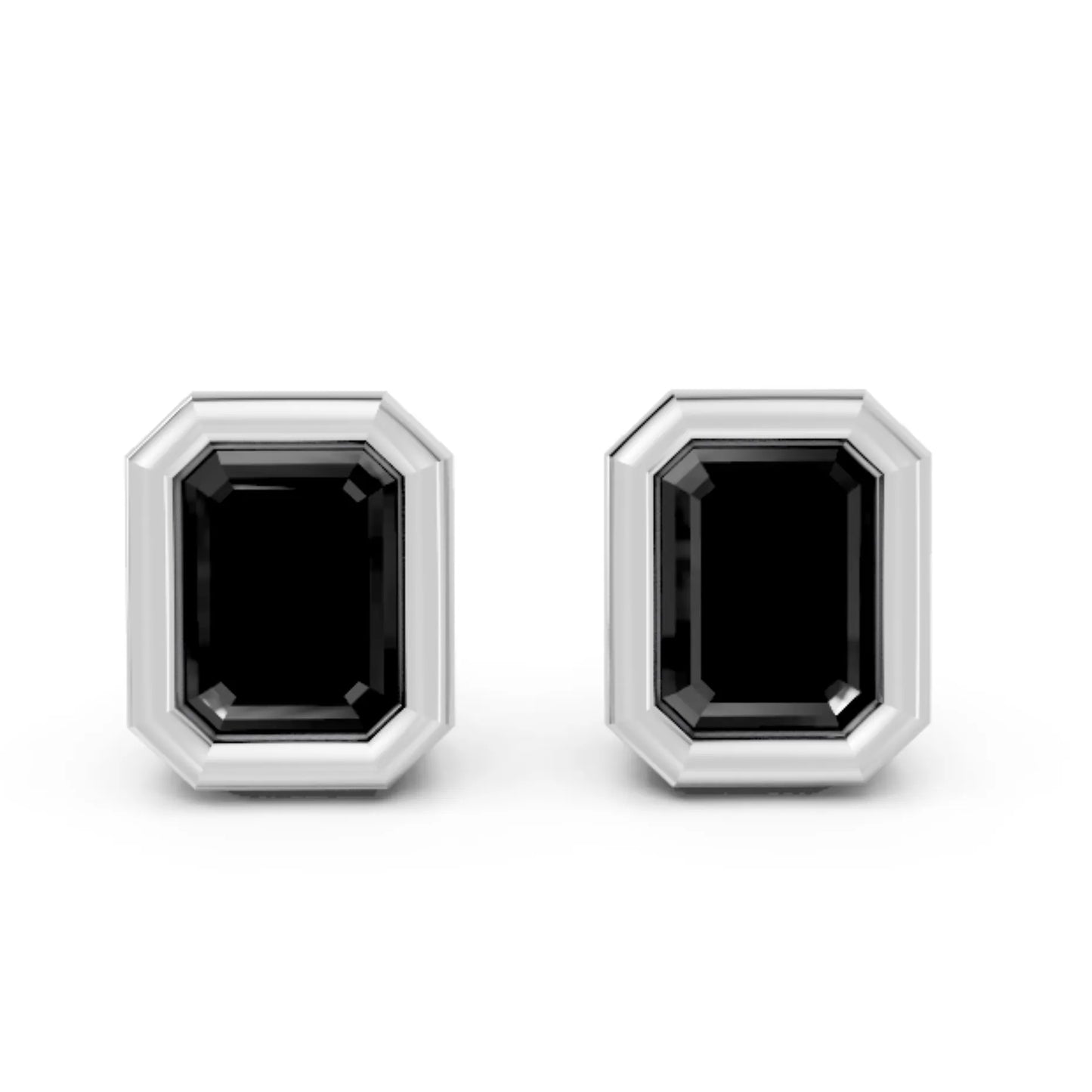 14K Gold Emerald Cut Black Diamond Bezel Stud Earring