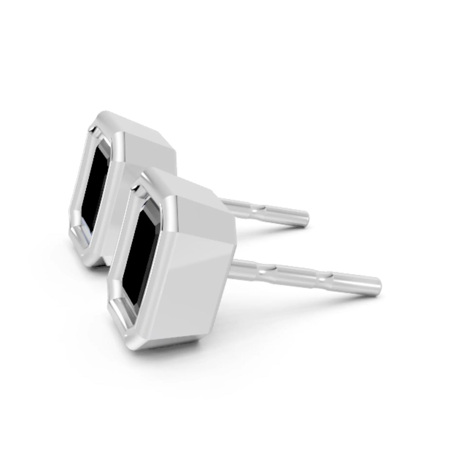 14K Gold Emerald Cut Black Diamond Bezel Stud Earring