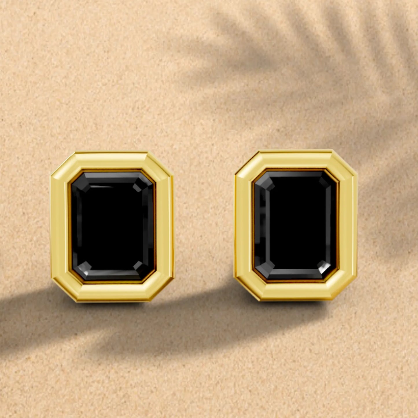 14K Gold Emerald Cut Black Diamond Bezel Stud Earring