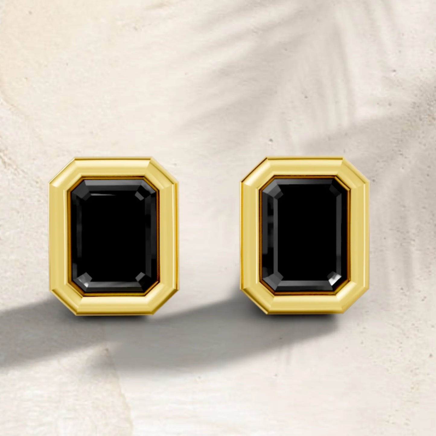 14K Gold Emerald Cut Black Diamond Bezel Stud Earring