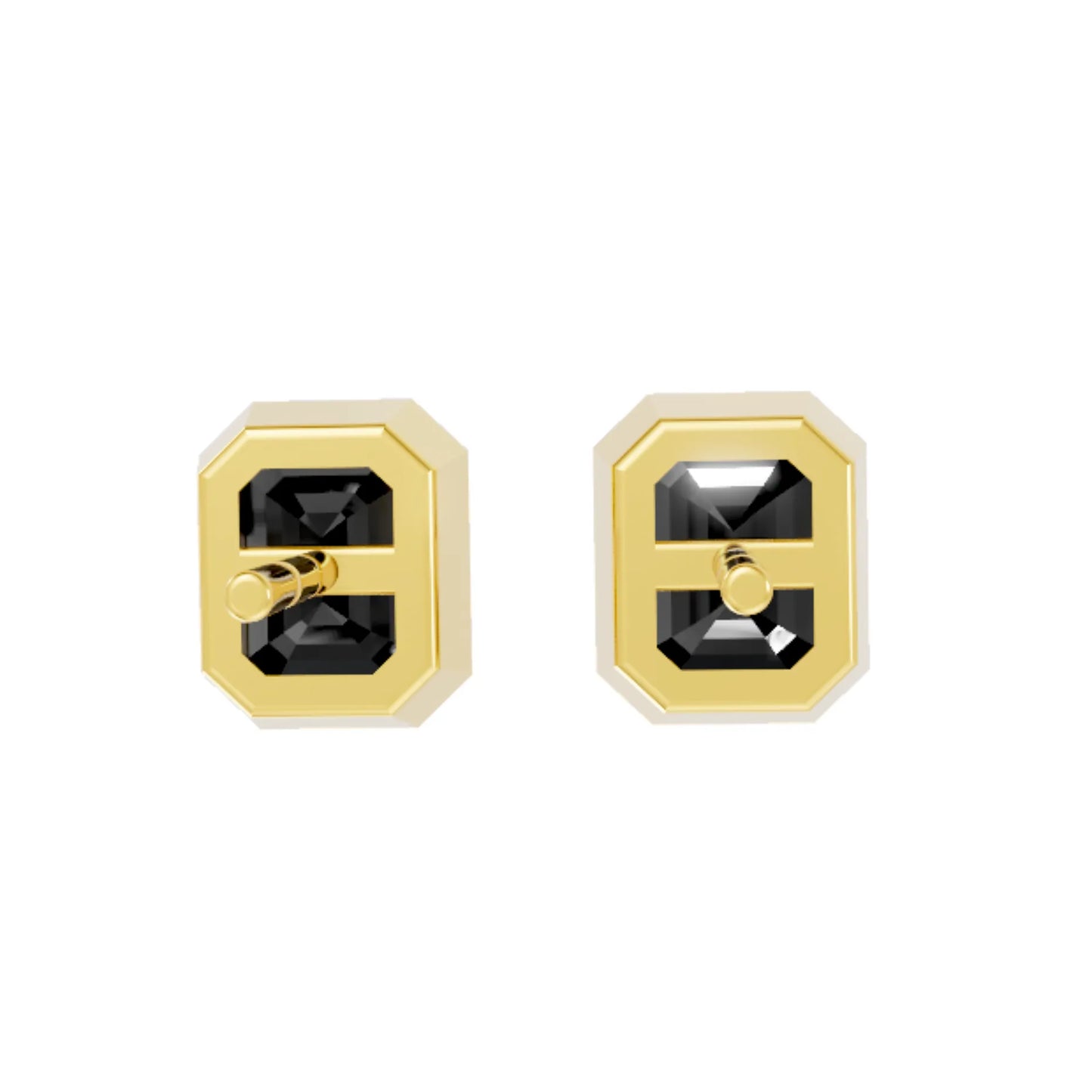 14K Gold Emerald Cut Black Diamond Bezel Stud Earring