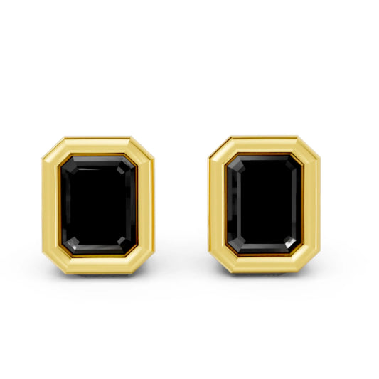 14K Gold Emerald Cut Black Diamond Bezel Stud Earring