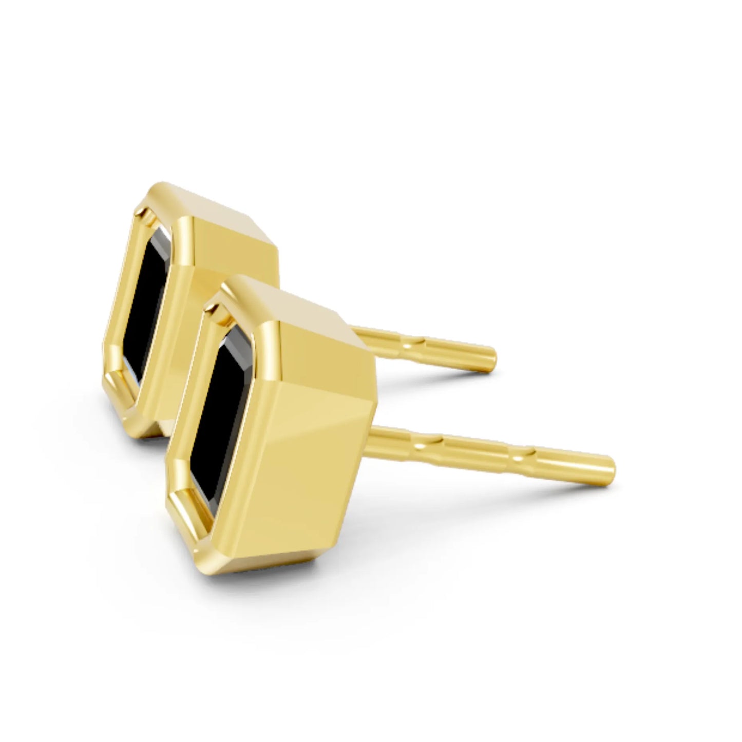 14K Gold Emerald Cut Black Diamond Bezel Stud Earring