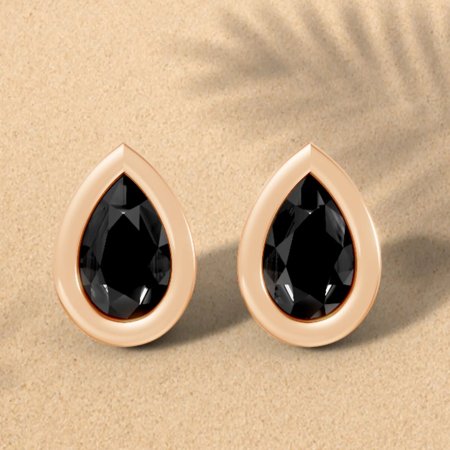 14K Gold Pear Cut Black Diamond Bezel Stud Earring
