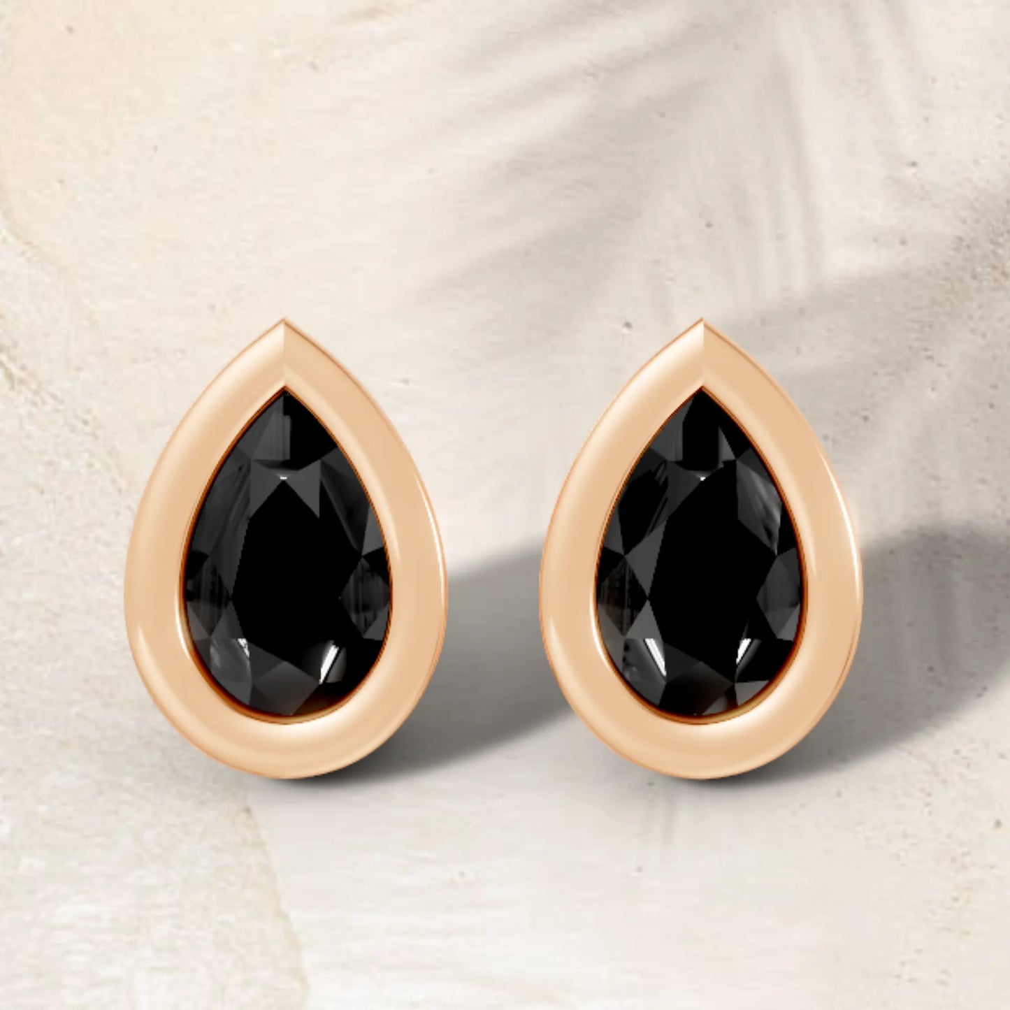 14K Gold Pear Cut Black Diamond Bezel Stud Earring