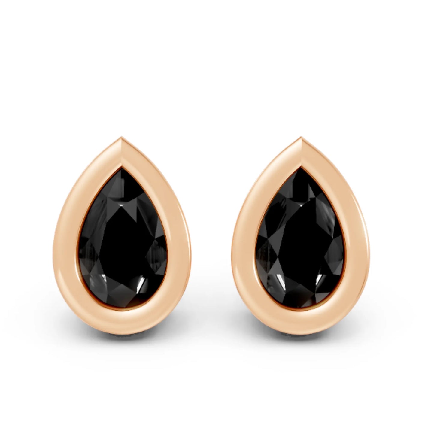 14K Gold Pear Cut Black Diamond Bezel Stud Earring
