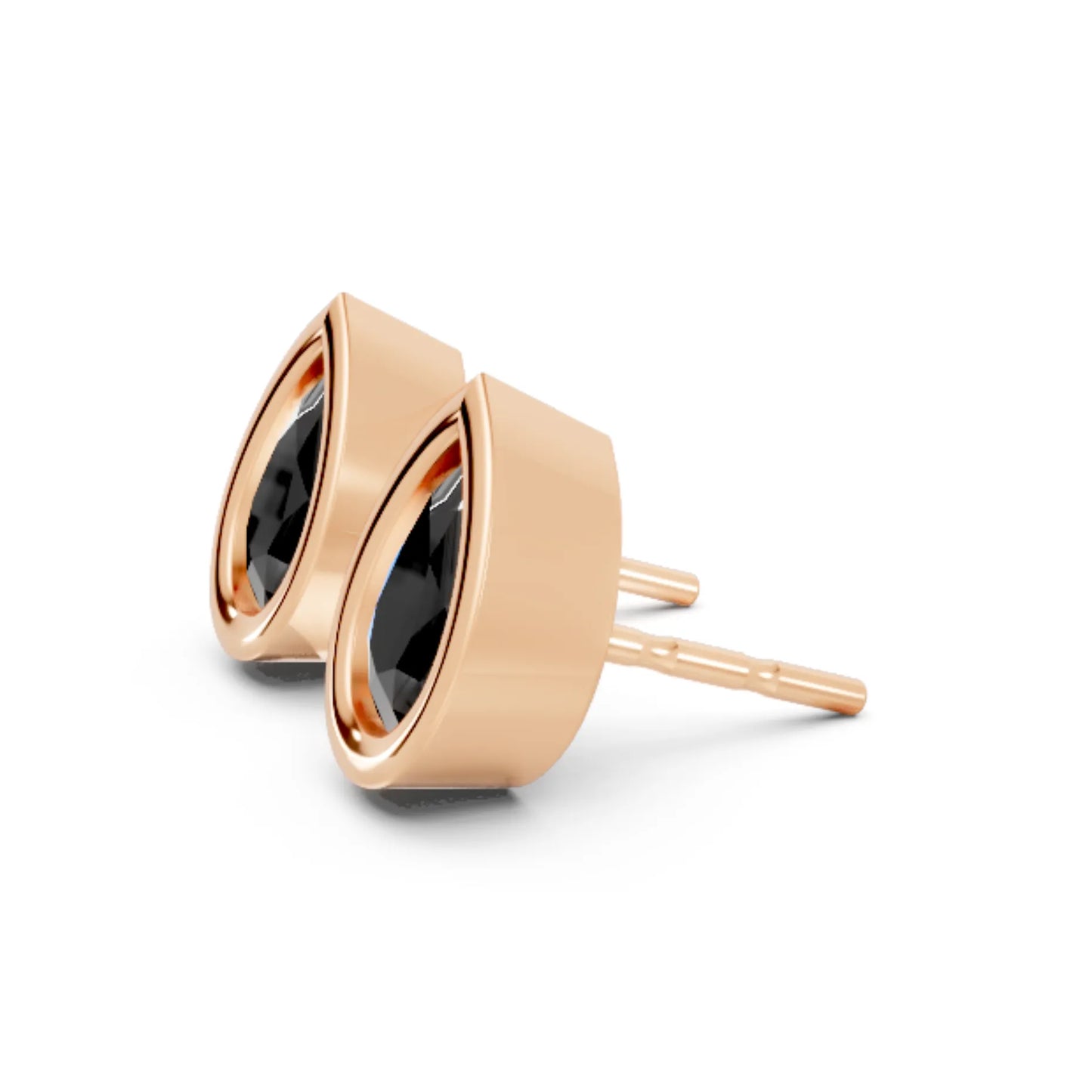 14K Gold Pear Cut Black Diamond Bezel Stud Earring