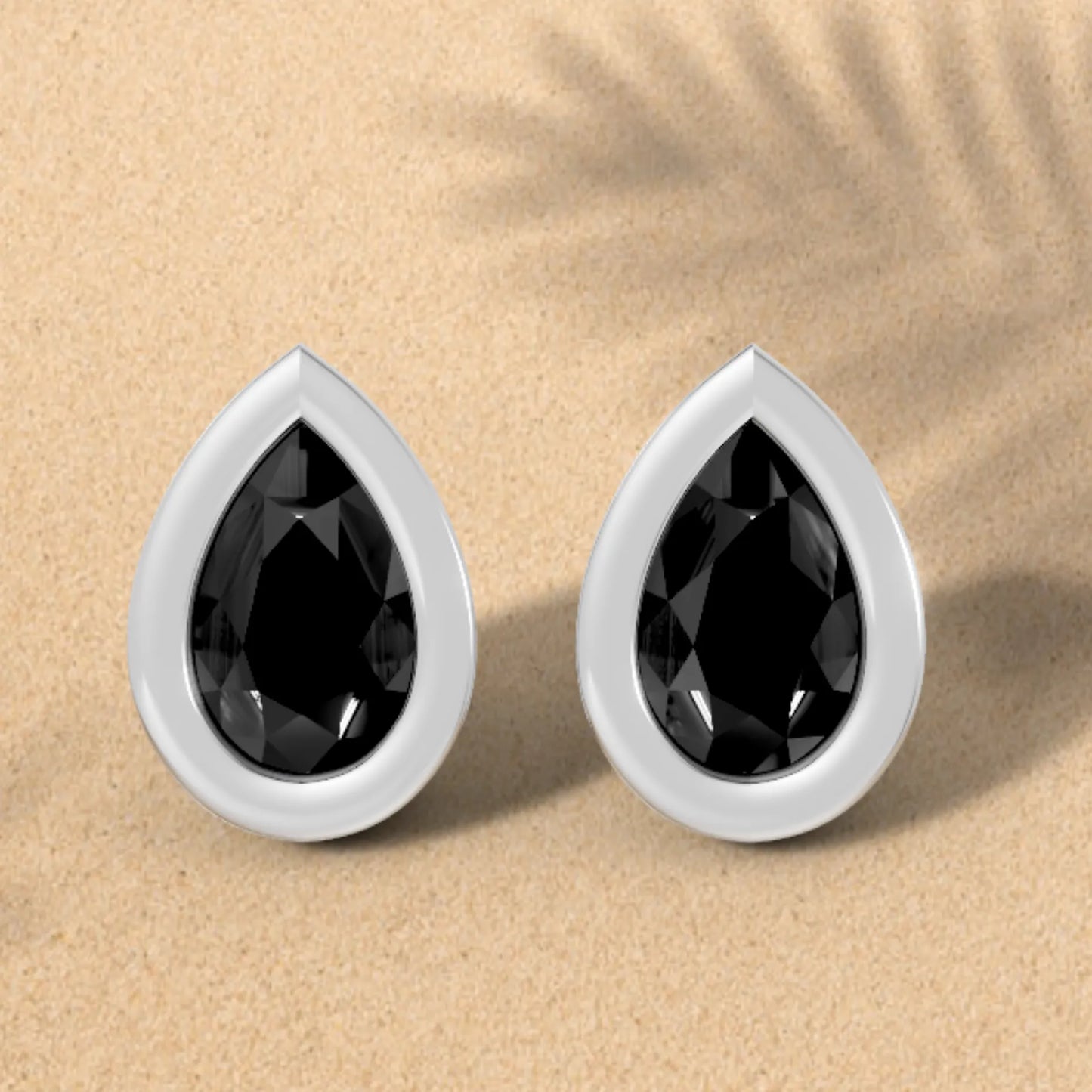 14K Gold Pear Cut Black Diamond Bezel Stud Earring