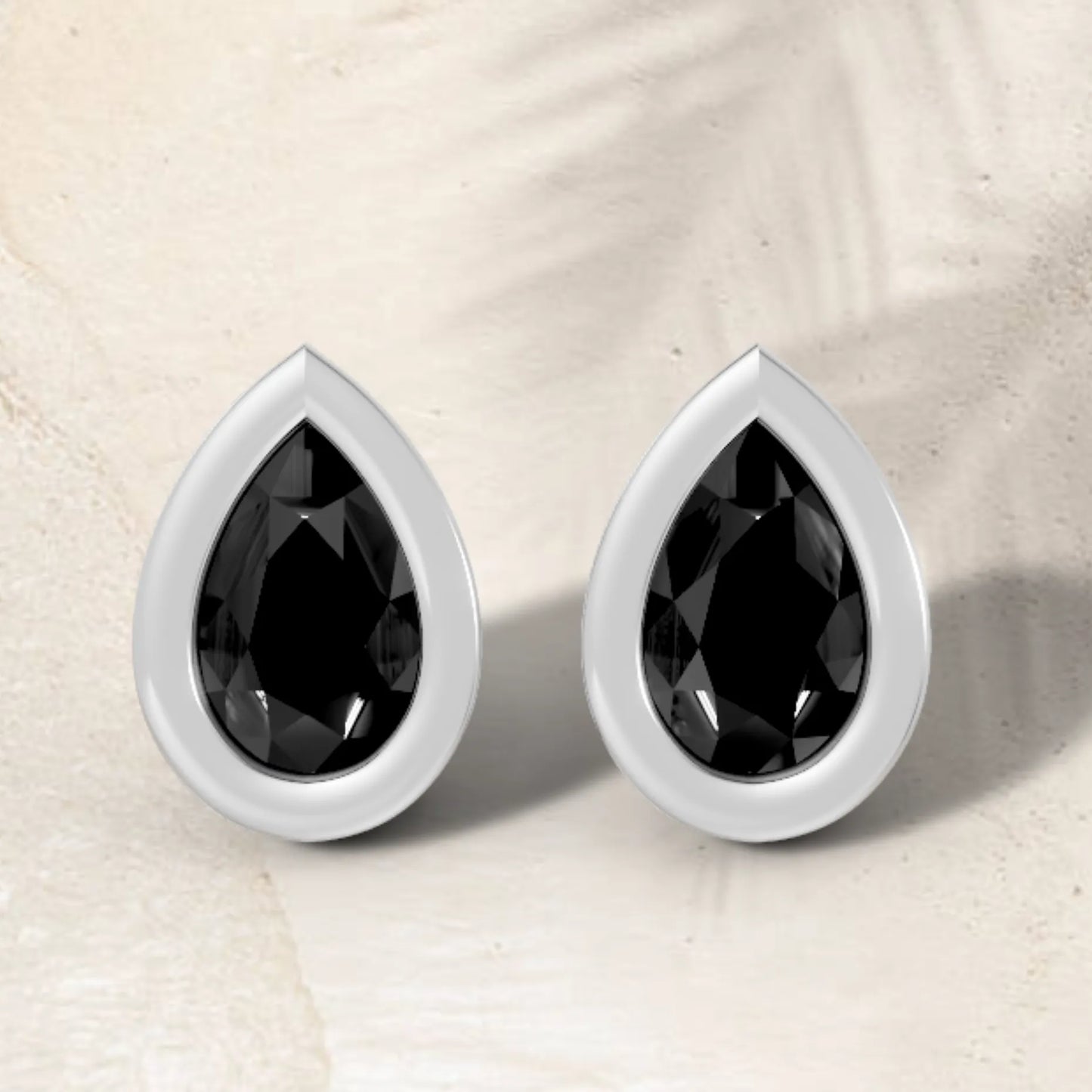 14K Gold Pear Cut Black Diamond Bezel Stud Earring