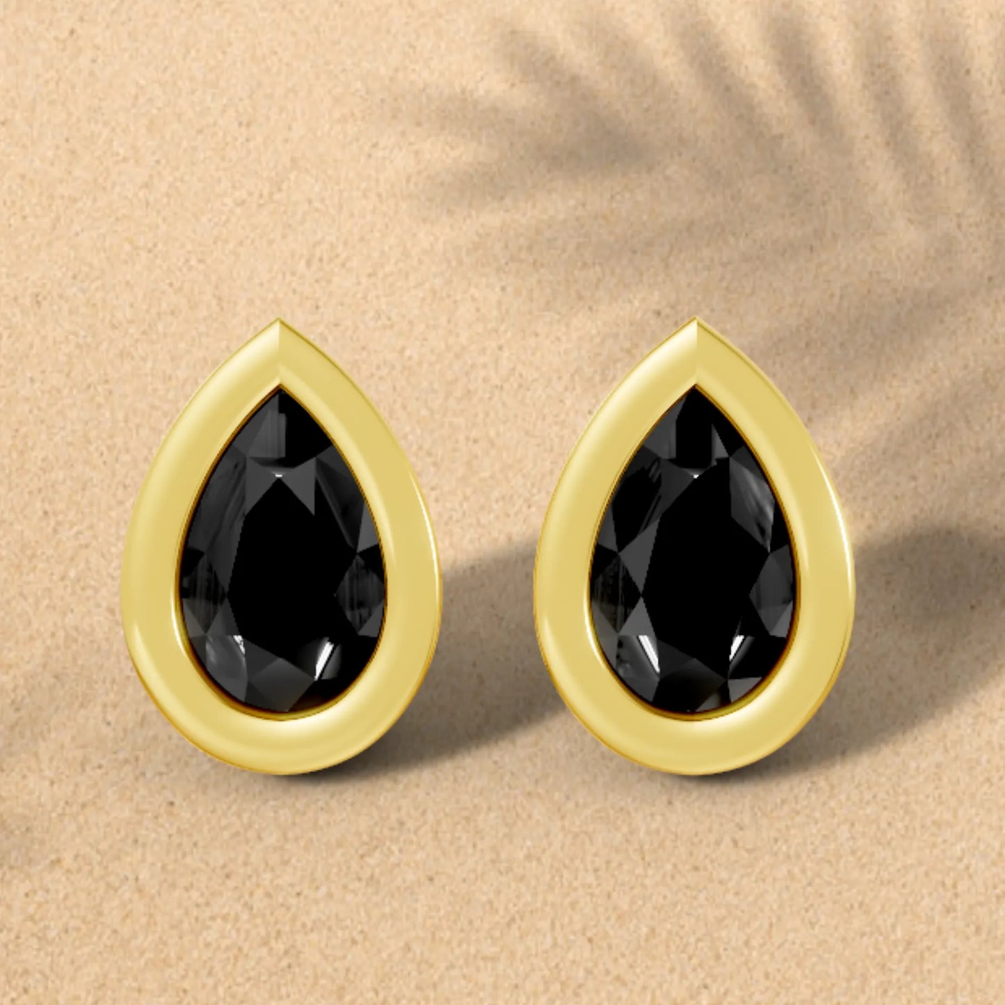 14K Gold Pear Cut Black Diamond Bezel Stud Earring
