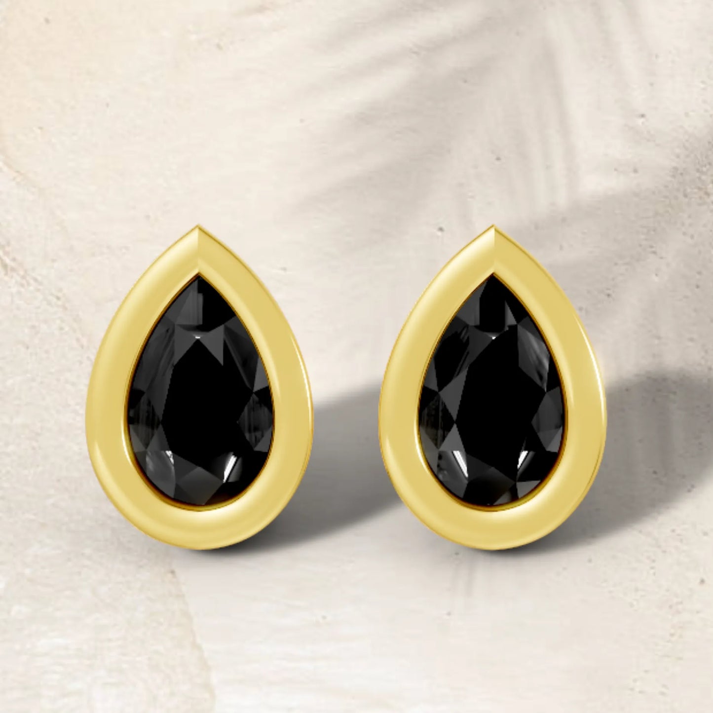 14K Gold Pear Cut Black Diamond Bezel Stud Earring