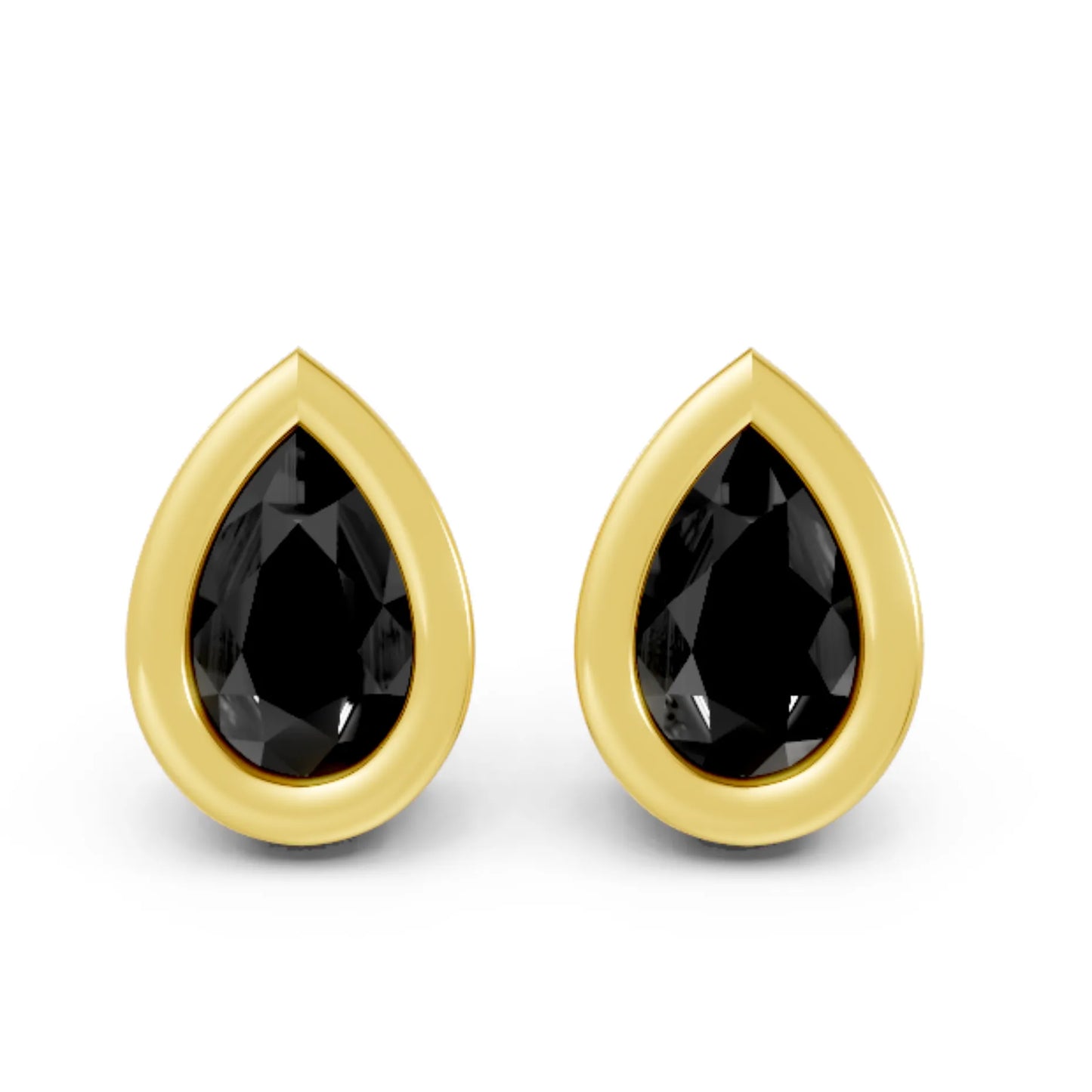 14K Gold Pear Cut Black Diamond Bezel Stud Earring