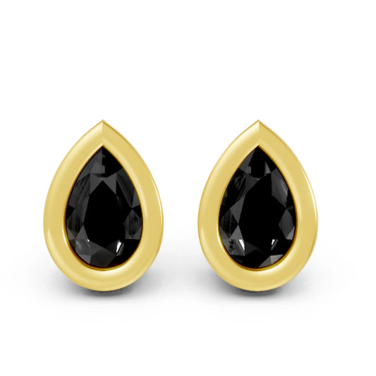 14K Gold Pear Cut Black Diamond Bezel Stud Earring