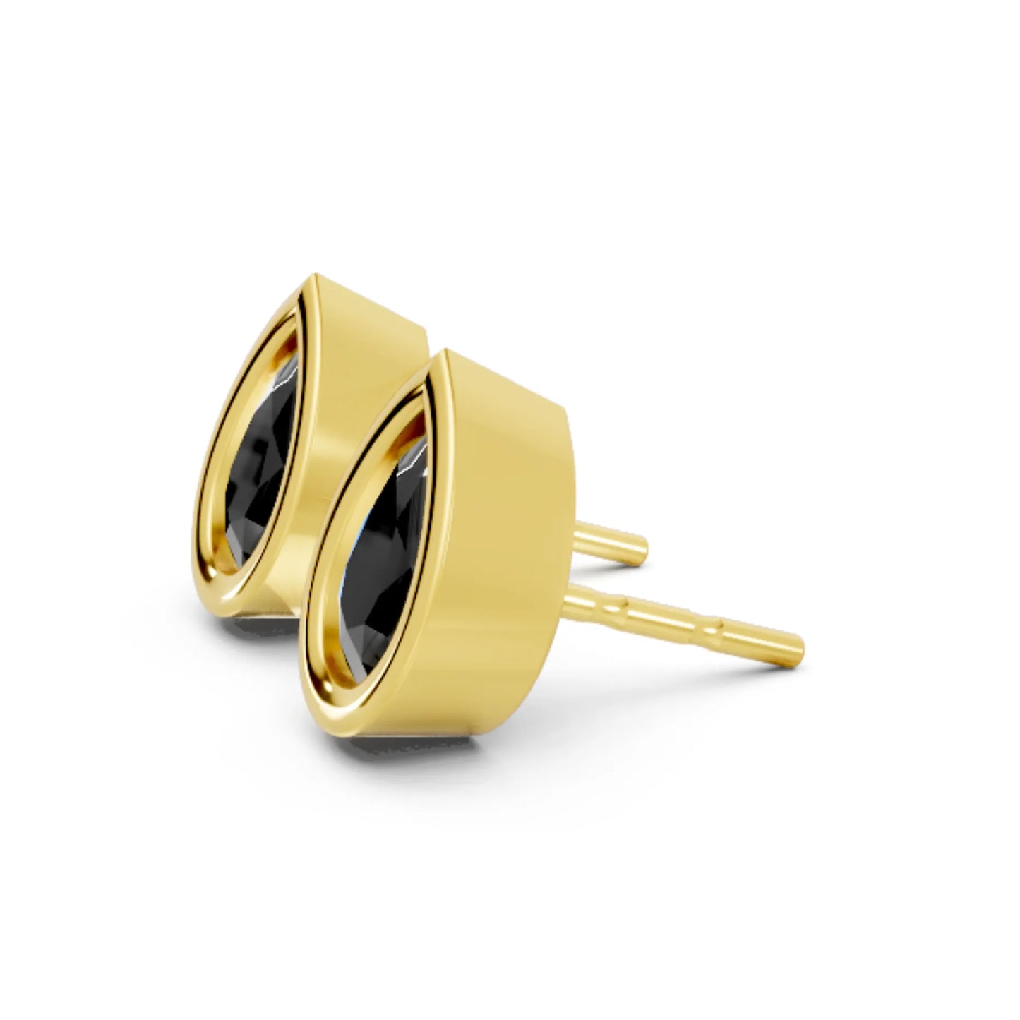 14K Gold Pear Cut Black Diamond Bezel Stud Earring