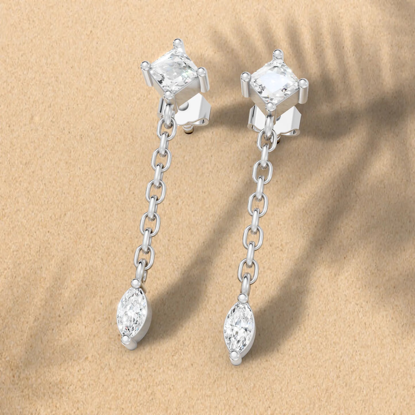 14K Princess and Marquise Cut Diamond Mismatched Drop Earring