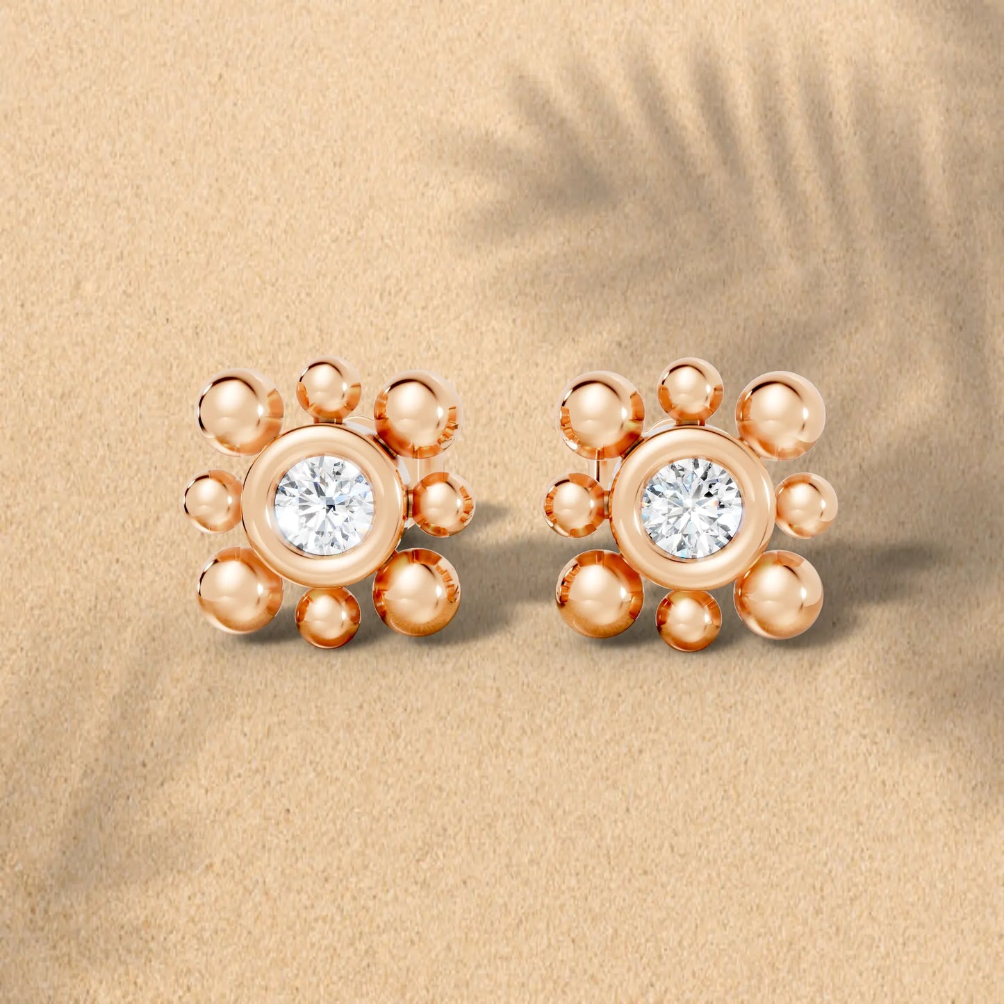 14K Round Cut Diamond Flower Minimalist Boho Stud Earring