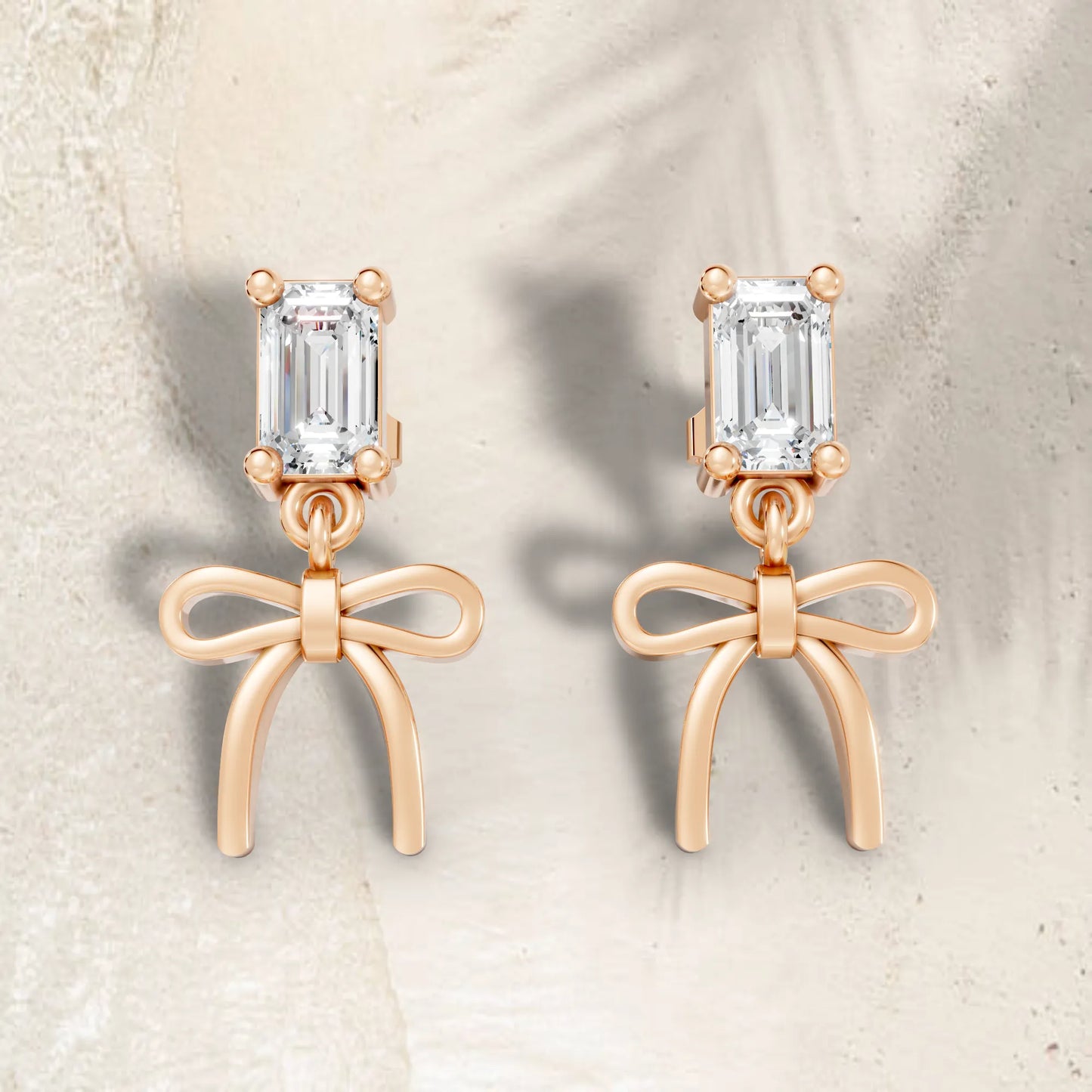 14K Emerald Cut  Bow Dangle Drop Earring