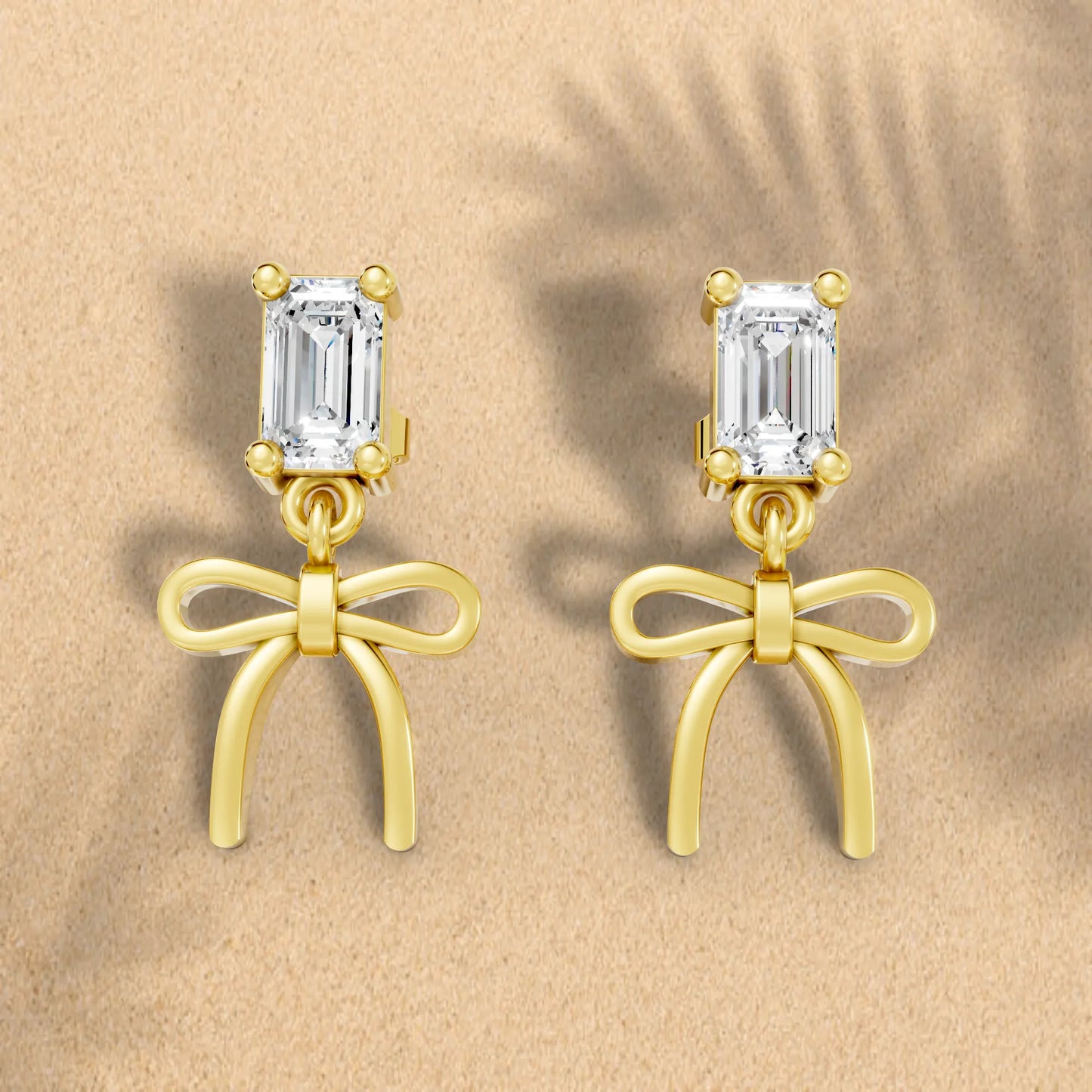 14K Emerald Cut  Bow Dangle Drop Earring