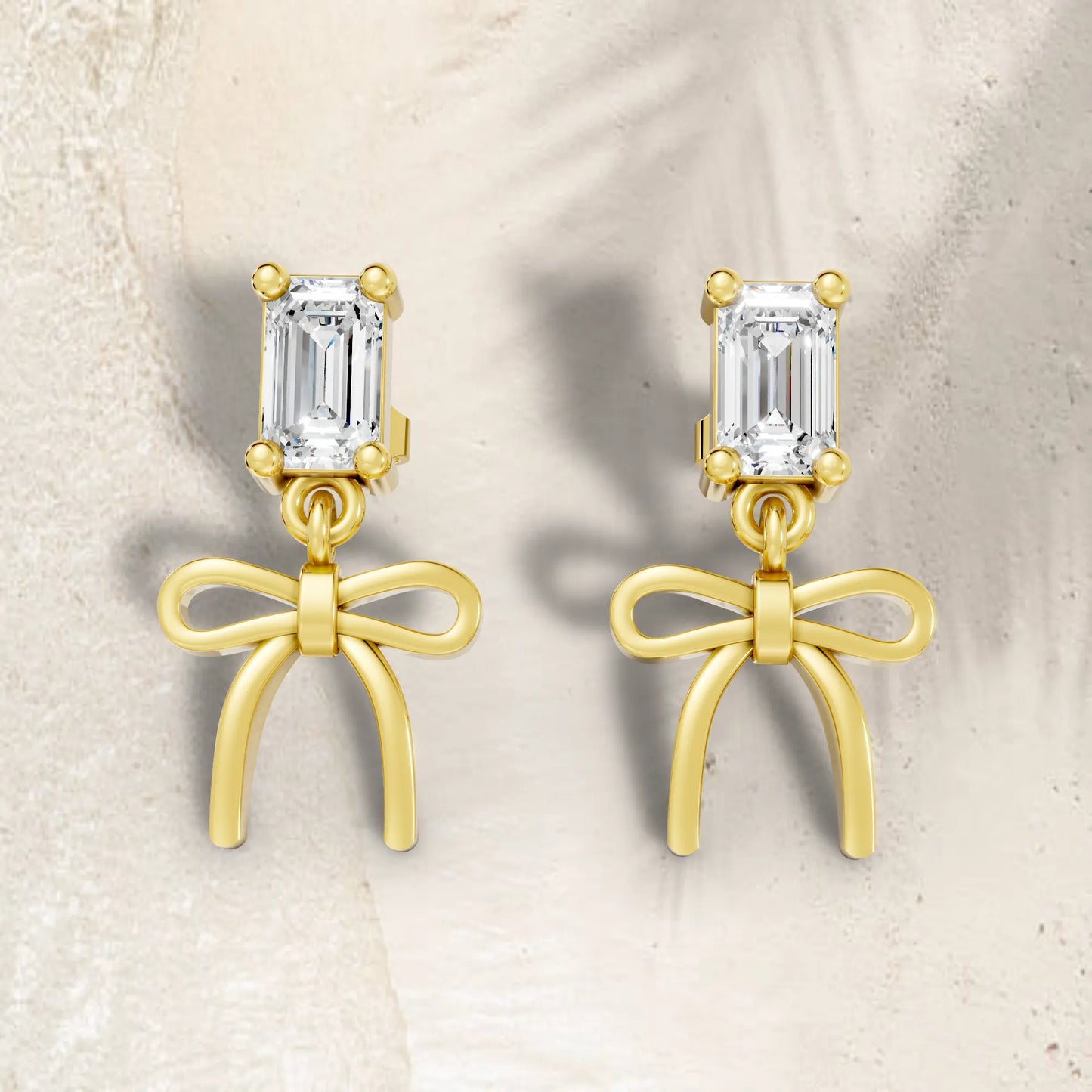 14K Emerald Cut  Bow Dangle Drop Earring