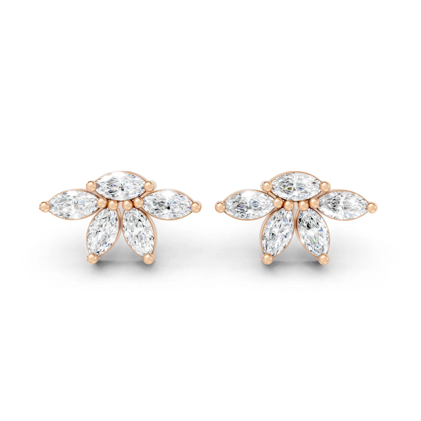 14K Marquise Cut Diamond Leaf Cluster Minimalist Stud Earring