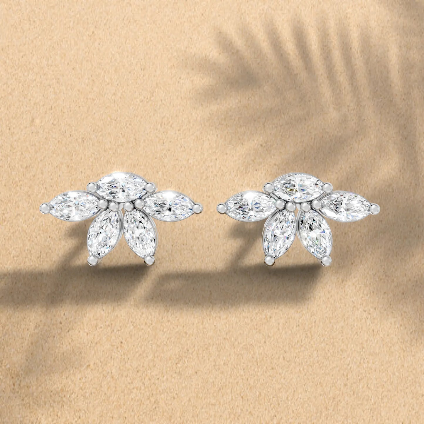14K Marquise Cut Diamond Leaf Cluster Minimalist Stud Earring